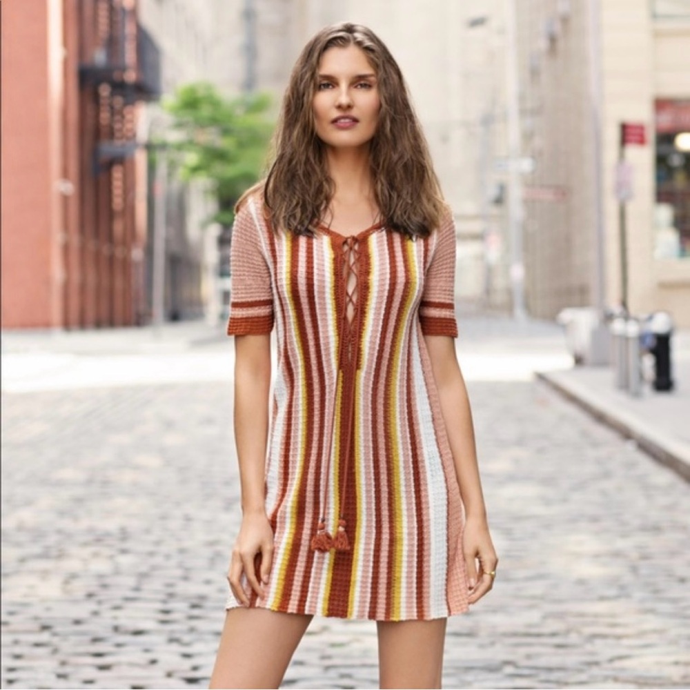 Free People Lollypop‎ Crochet Mini Dress SZ S Striped Retro Bohemian Sunset 70's